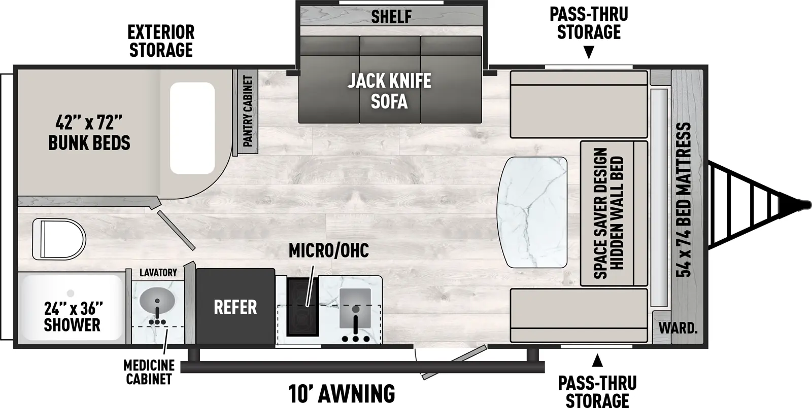 The Viking Travel Trailers 18DBS has one entry and one slide out. Exterior features include: metal exterior and 10' awning. Interiors features include: bunk beds.